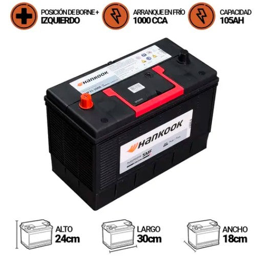 Bateria Hankook 105Amp. MF31-1000 (Cca1000) + - Libre Mantencion