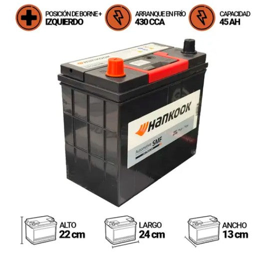 BATERIA HANKOOK 45AMP.MF55B24RS (CCA430) + - Borne Grueso