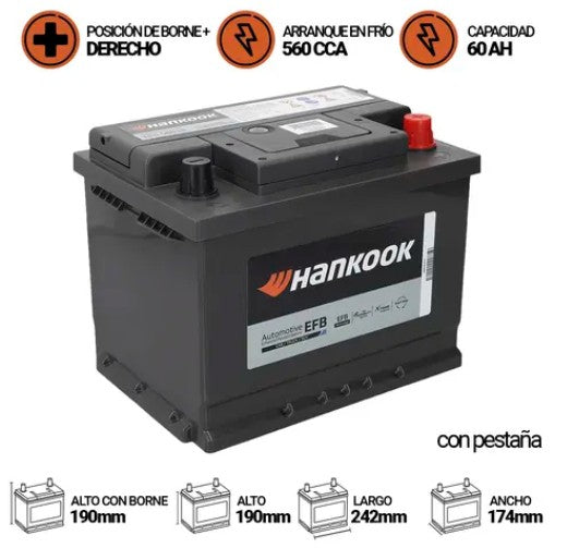 BATERIA HANKOOK 60AMP. 56010 EFB LN2 (CCA560) START STOP