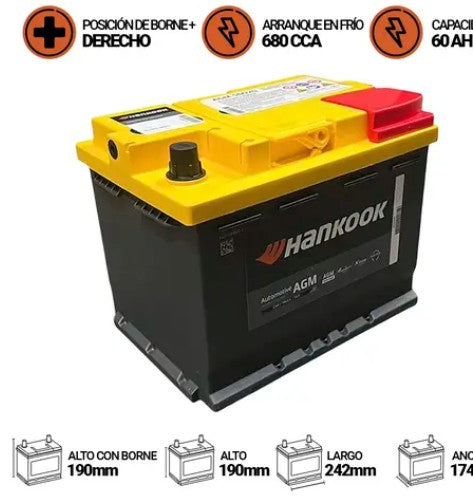 BATERIA HANKOOK 60AMP. AGM 56020 LN2 (CCA680) - +