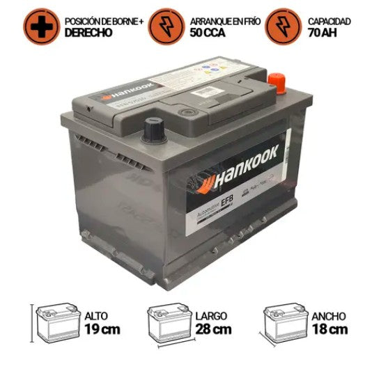 BATERIA HANKOOK 70AMP. EFB 57010 LN3 (CCA650) - + (START STOP)