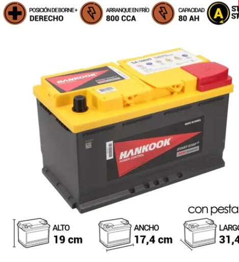 BATERIA HANKOOK 80AMP. AGM 58020 LN4 (CCA800) (START STOP)