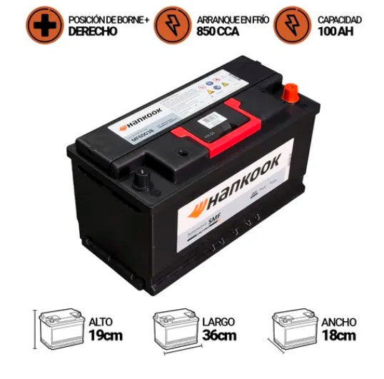 Bateria Hankook 100Amp.MF60038 (Cca850) Libre Mantencion