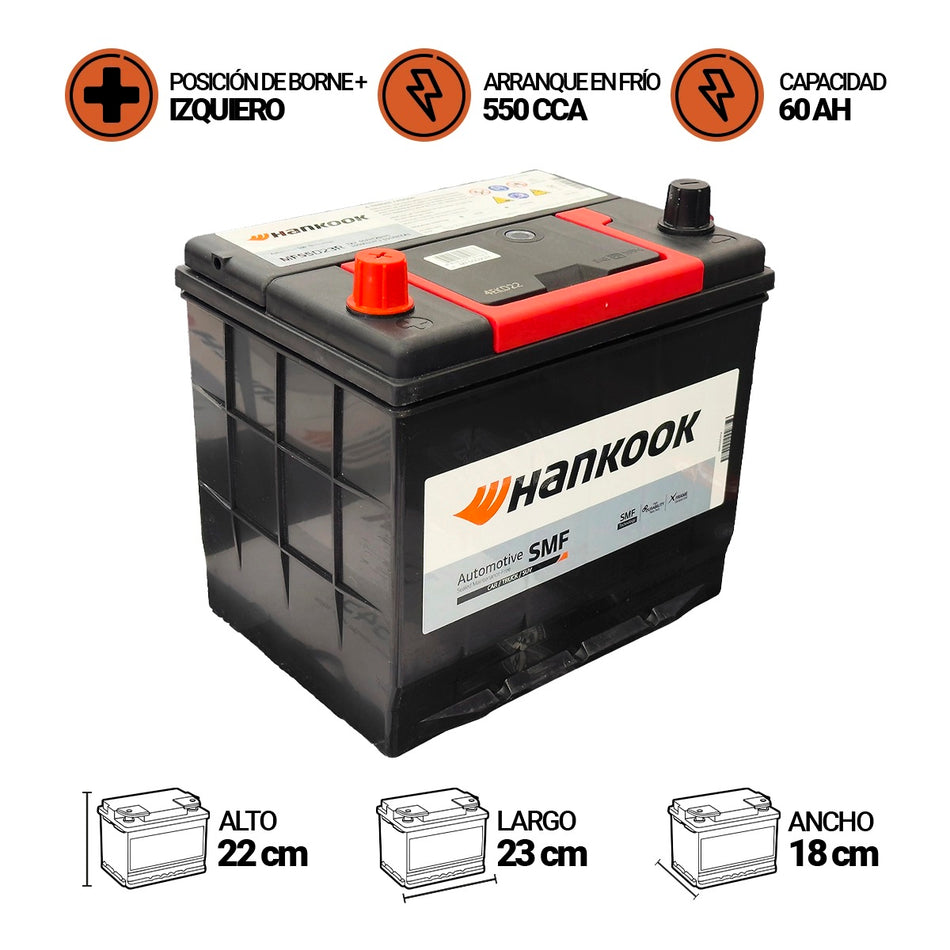 Bateria Hankook 60Amp.Mf55D23R (Cca550) + -
