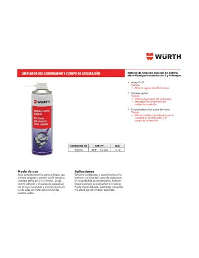 LIMPIADOR SISTEMA DE ADMISION Y CUERPO ACELERACION WURTH 500ML