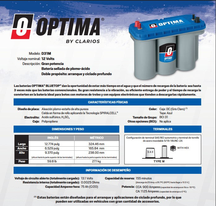 BATERIA OPTIMA 75AMP. D31M (CCA900) BORNE STD/PERNO AZUL BLUETOP (AGM) CICLO PROFUNDO MARINA/NAUTICA