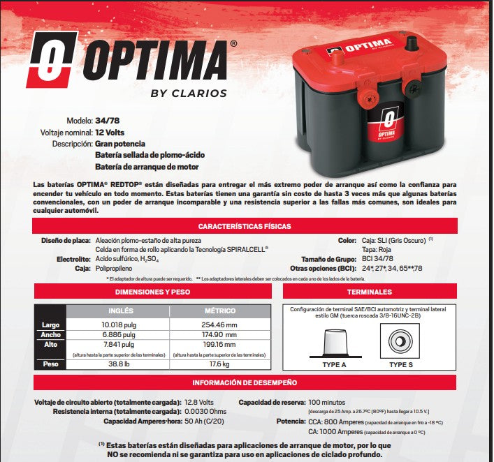 BATERIA OPTIMA 50AMP. 34/78 (CCA800) BORNE STD/PERNO ROJA REDTOP (AGM)