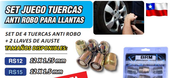 SET JGO. 4 TUERCAS ANTI ROBO PARA LLANTAS 12X1.5MM + 2 LLAVES DE AJUSTE BRM (RS15)