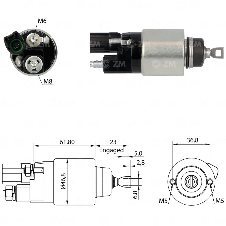 ZM-1281 SOLENOIDE BOSCH 12V, L61, D46, A36.8, ANCLAJE 2 PERNOS M5, PERNOS TRASEROS M6 M8, ENCHUFE 1 TERMINAL, TOYOTA COROLLA, 2339345003, 28150-0T310, F000C60299 300, 28100-0T310, 28100-0T310-A