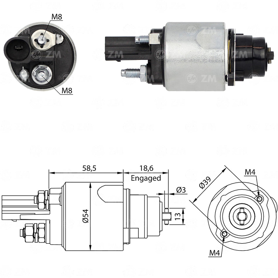 ZM-3498 SOLENOIDE ZM 12V VALEO ANCLAJE 2 PERNOS M4, PERNOS TRASEROS M8 M8, ENCHUFE 1 TERMINAL, VW AMAROK, CRAFTER,  VA458411, 2H0911023 023A 023AX 023F