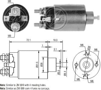 ZM-4699 SOLENOIDE HYUNDAI ACCENT 1.3, ELANTRA 1.6 16V, 1.8 16V, HYUNDAI H100 2.4 MITSUBISHI L200, L300 1.6, 2.0, 2.4, LANCER 1.2, 1.3, 1.4, 1.5, 1.6, 1.8 GTI, MIRAGE, PAJERO 2.0, 2.6 DODGE RAM 50, CON ARRANQUE MITSUBISHI 12V.