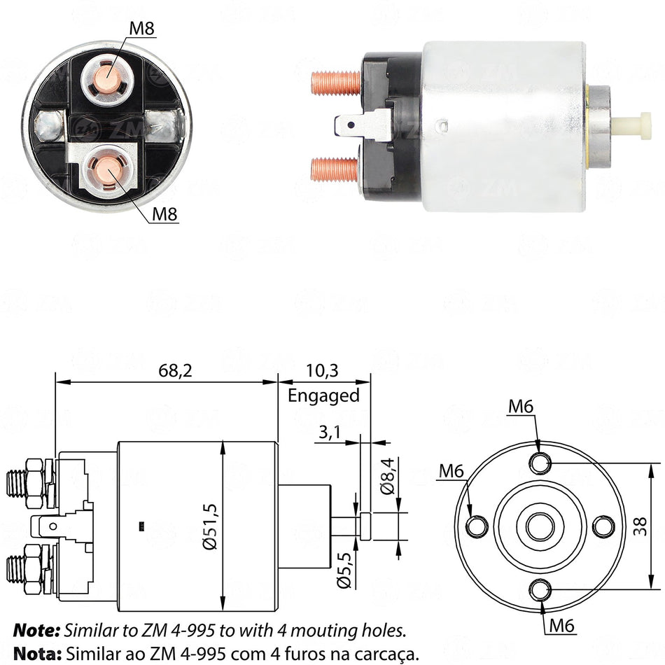 ZM-7995 SOLENOIDE ZM TERMINAL LUCAS, CITROEN C-CROSSER, MITSUBISHI COLT, LANCER, OUTLANDER, NISSAN MARCH, SUZUKI JIMNY, SWIFT, M371XD2071, 1810A008, M000T31671, M0T31671, M0T36071, 31100-63J00, 31100-63J10