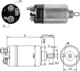 ZM-521 SOLENOIDE VOLKSWAGEN BRASILIA 1.3 1.6, KOMBI 1.5 1.6, SEDAN 1.3 1.5, AUDI, PORSCHE 914 1700 1800, CON ARRANQUE BOSCH 12V 0331302040, 0331302064, 03313020540