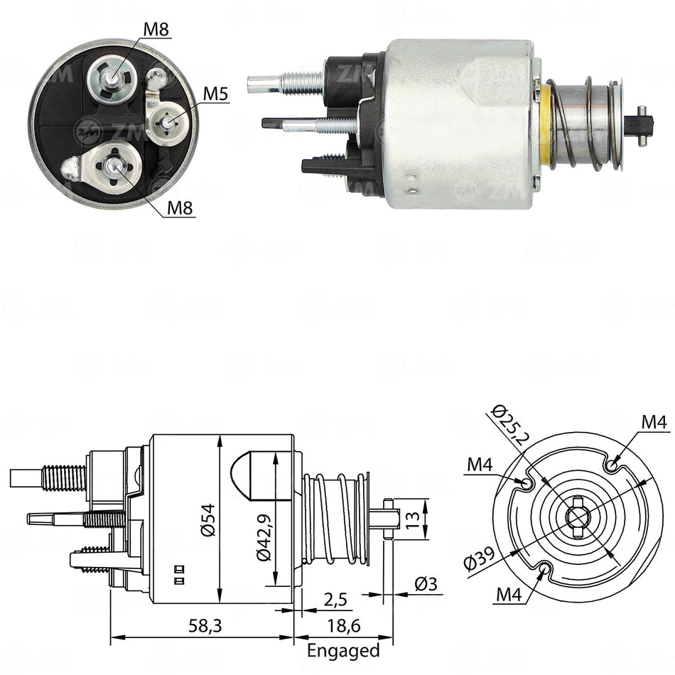 ZM-8494 SOLENOIDE VALEO 12V, L58, D54, A39, 2 ORIFICIOS DE ANCLAJE M4, PERNOS TRASEROS M8 M8, 1 PERNO M5, DACIS, NISSAN, RENAULT CLIO, DUSTER, FLUENCE, KANGOO, LAGUNA, MEGANE 8200815079, D7E19, FS10B3, TS10E3